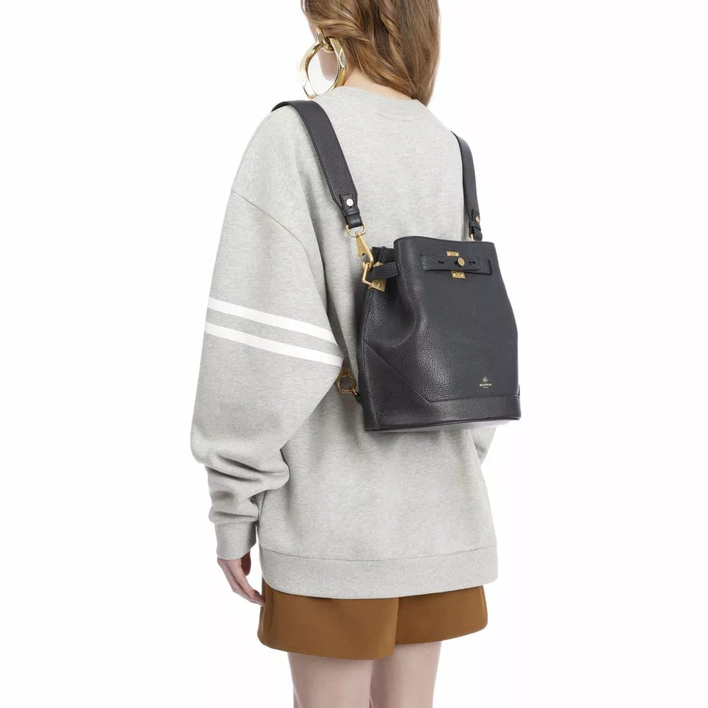 Balmain B-Belted 27 Black Goat Leather Convertible Backpack Bucket Balmain B-Belted 27 Black Goat Leather Convertible Backpack Bucket | Image 12