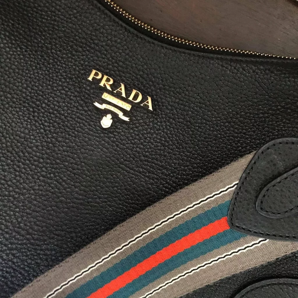 Prada Black Vitello Phenix Leather Web Stripe Strap Crossbody Prada Black Vitello Phenix Leather Web Stripe Strap Crossbody | Image 8