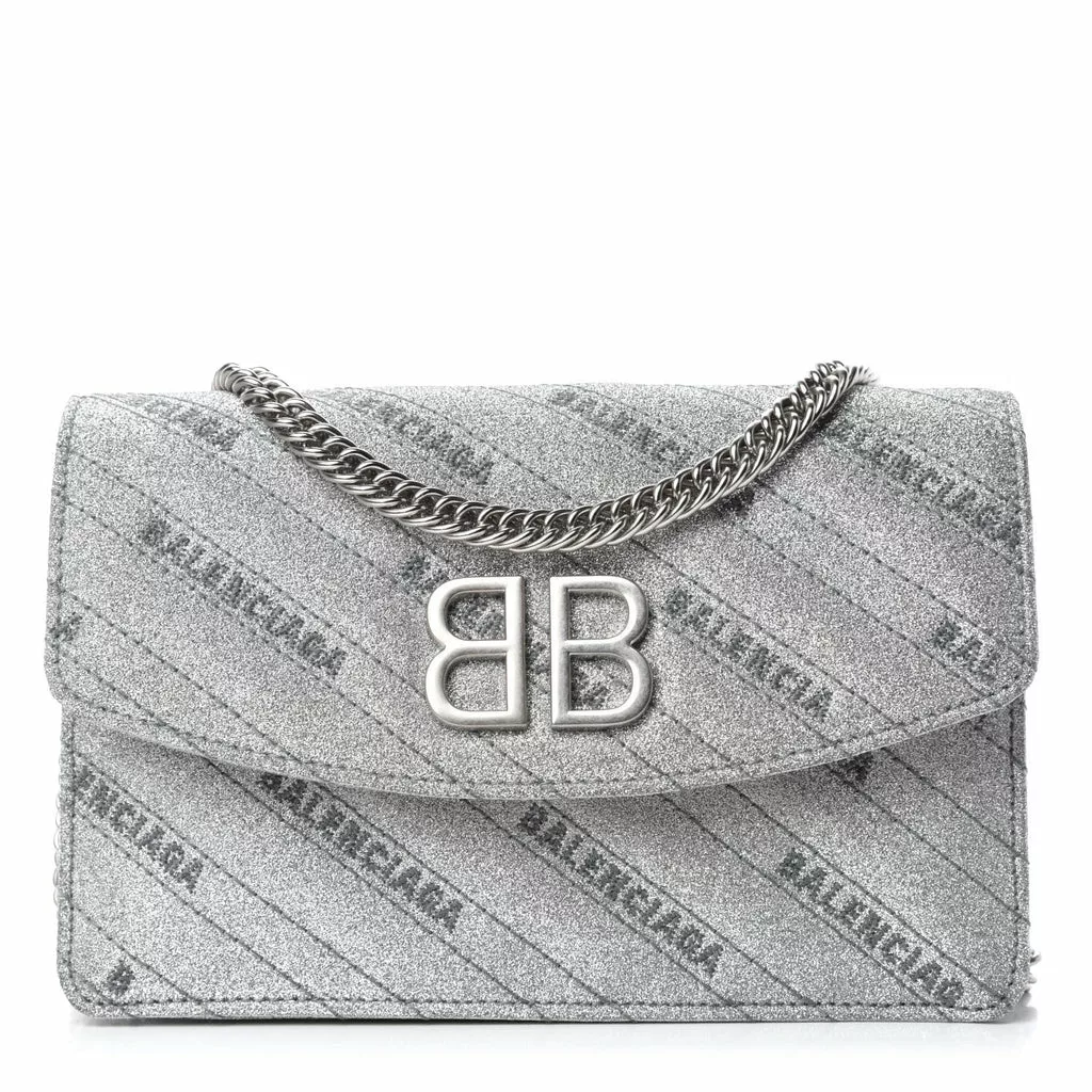 Balenciaga BB Silver Glittered Leather Wallet on Chain Bag Balenciaga BB Silver Glittered Leather Wallet on Chain Bag | Image 2