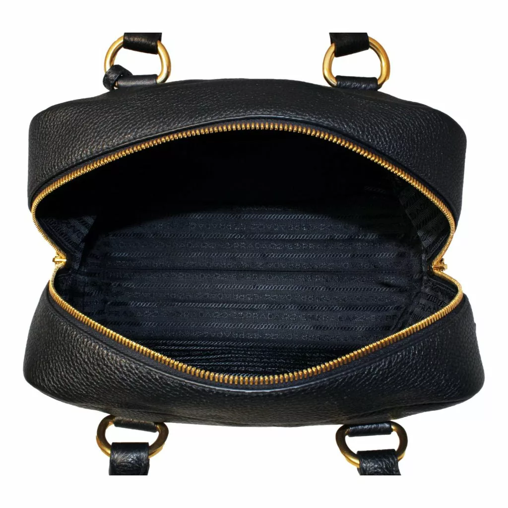 Prada Vitello Phenix Black Leather Stripe Strap Satchel Bag Prada Vitello Phenix Black Leather Stripe Strap Satchel Bag | Image 8