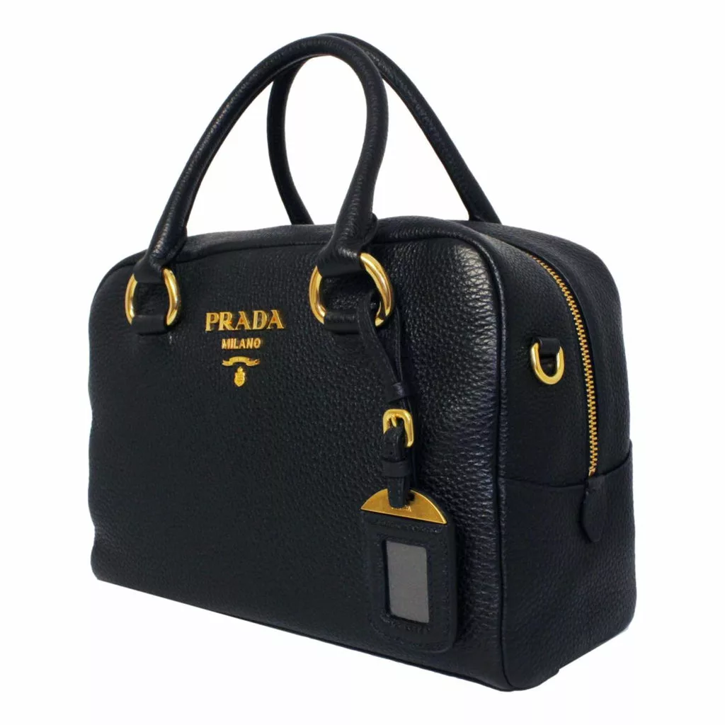 Prada Vitello Phenix Black Leather Stripe Strap Satchel Bag Prada Vitello Phenix Black Leather Stripe Strap Satchel Bag | Image 5