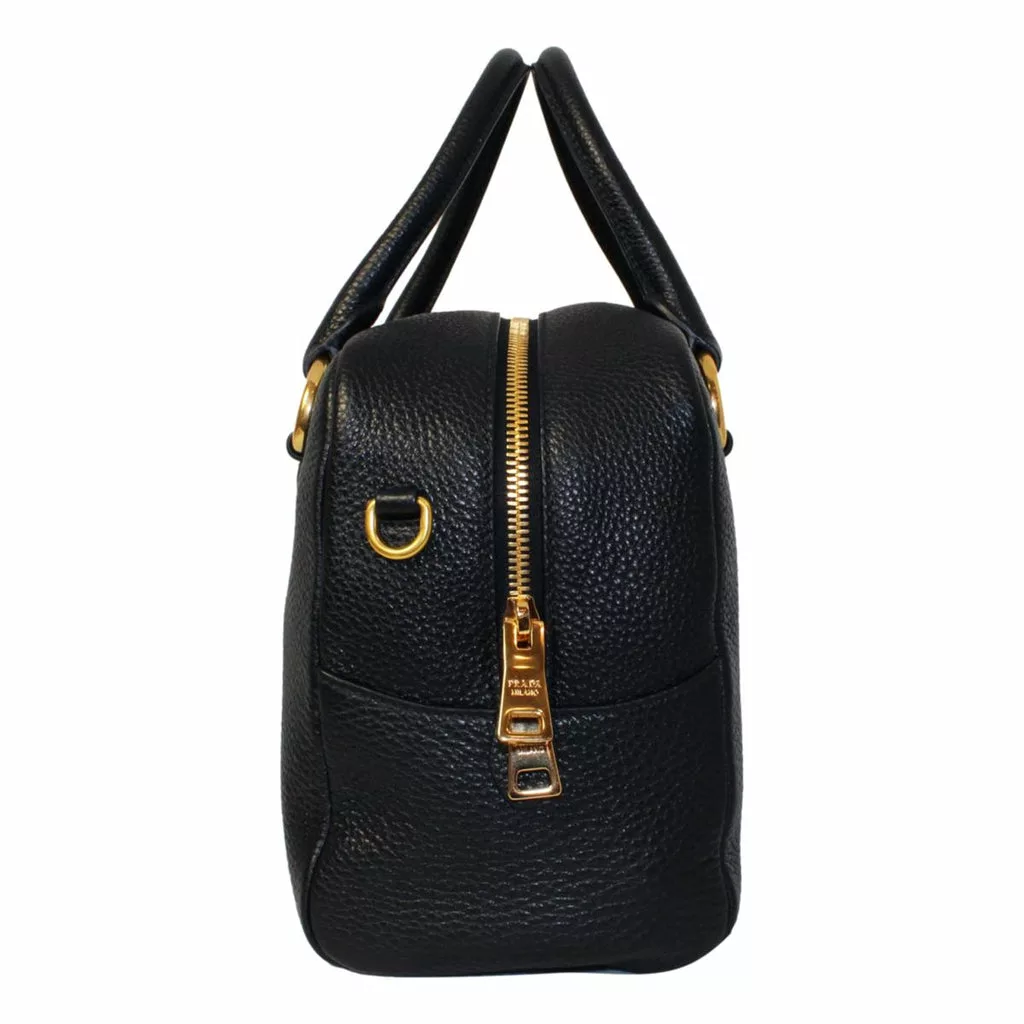 Prada Vitello Phenix Black Leather Stripe Strap Satchel Bag Prada Vitello Phenix Black Leather Stripe Strap Satchel Bag | Image 4