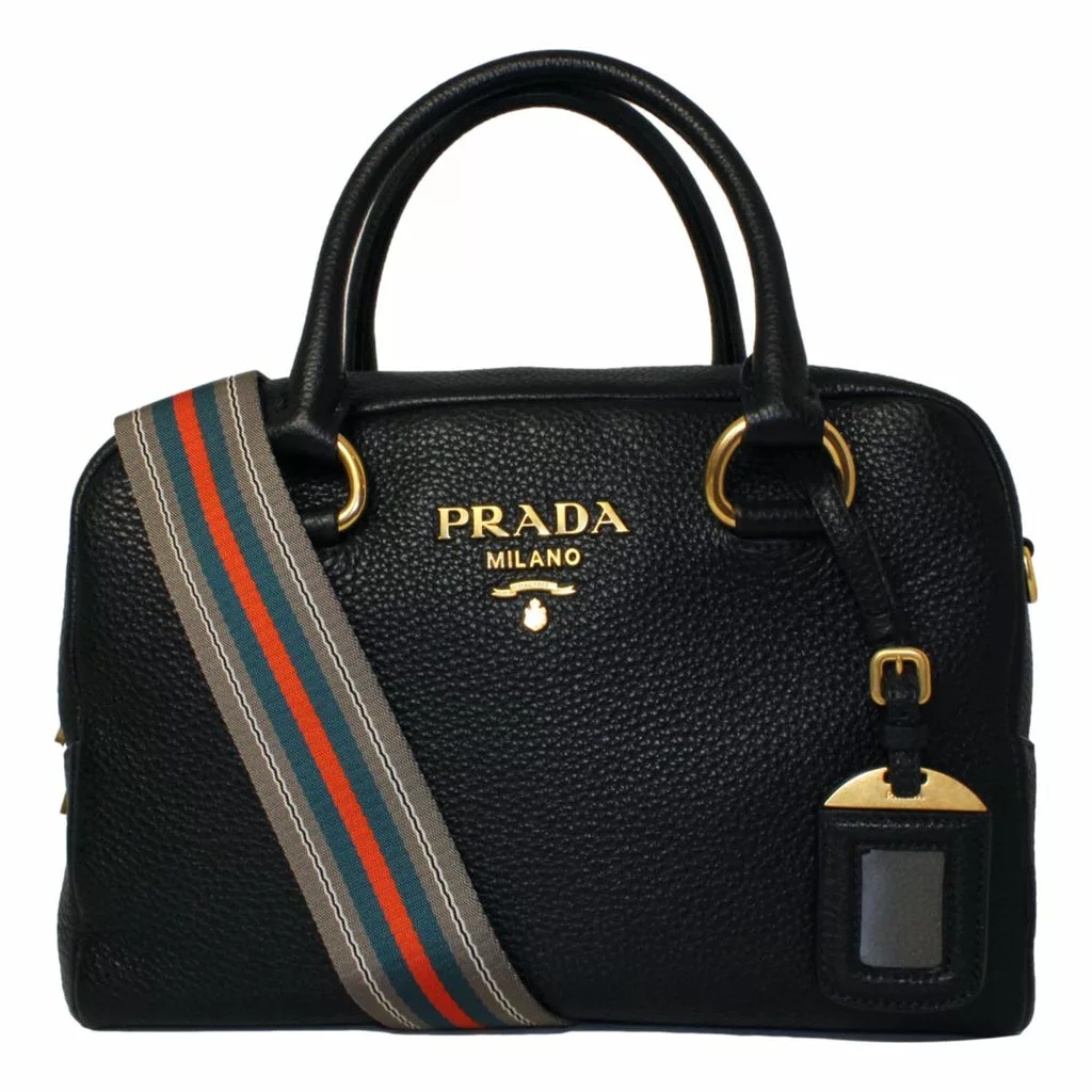 Prada Vitello Phenix Black Leather Stripe Strap Satchel Bag Prada Vitello Phenix Black Leather Stripe Strap Satchel Bag | Image 1