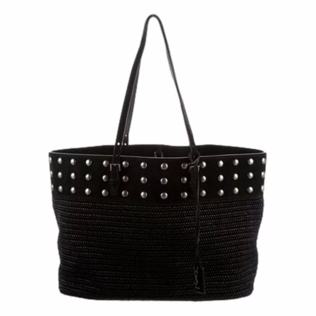 Saint Laurent Boucle Studded Black Raffia Leather Shopping Tote Saint Laurent Boucle Studded Black Raffia Leather Shopping Tote | Image 1