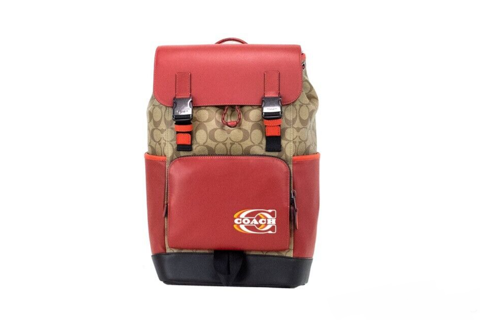 COACH Track Colorblock Khaki Canvas Red Leather Logo Stamp Backpack Bag COACH Track Colorblock Khaki Canvas Red Leather Logo Stamp Backpack Bag | Image 1