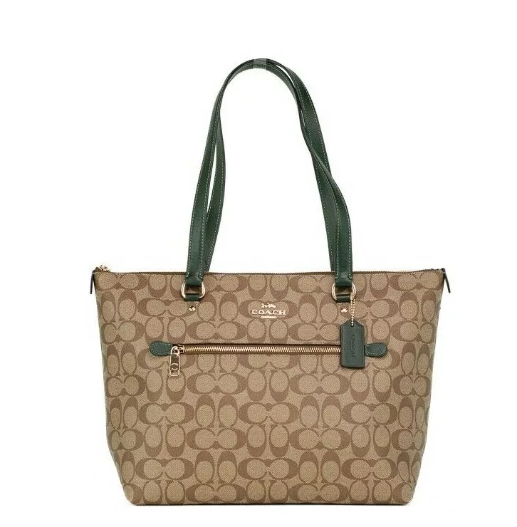 COACH Signature Coated Canvas Khaki Amazon Green Leather Gallery Tote Bag COACH Signature Coated Canvas Khaki Amazon Green Leather Gallery Tote Bag | Image 1