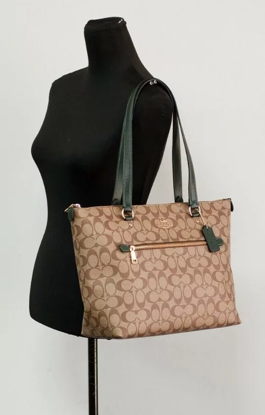 COACH Signature Coated Canvas Khaki Amazon Green Leather Gallery Tote Bag COACH Signature Coated Canvas Khaki Amazon Green Leather Gallery Tote Bag | Image 2