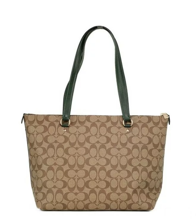 COACH Signature Coated Canvas Khaki Amazon Green Leather Gallery Tote Bag COACH Signature Coated Canvas Khaki Amazon Green Leather Gallery Tote Bag | Image 3