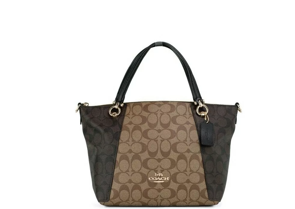 COACH Kacey Khaki Brown Blocked Signature Canvas Top Zip Satchel Handbag COACH Kacey Khaki Brown Blocked Signature Canvas Top Zip Satchel Handbag | Image 1
