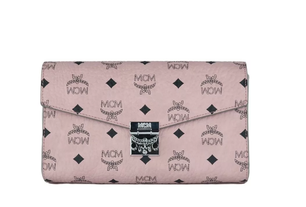 MCM Medium Soft Pink Signature Diamond Logo Leather Clutch Crossbody Handbag MCM Medium Soft Pink Signature Diamond Logo Leather Clutch Crossbody Handbag | Image 1