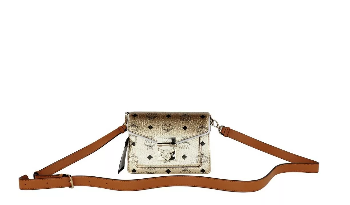 MCM Signature Berlin Gold Diamond Logo Leather Mini Flap Lock Crossbody Handbag MCM Signature Berlin Gold Diamond Logo Leather Mini Flap Lock Crossbody Handbag | Image 1