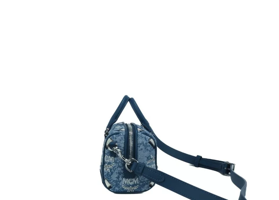 MCM Boston Mini Blue Vintage Jacquard Logo Fabric Satchel Crossbody Handbag MCM Boston Mini Blue Vintage Jacquard Logo Fabric Satchel Crossbody Handbag | Image 4
