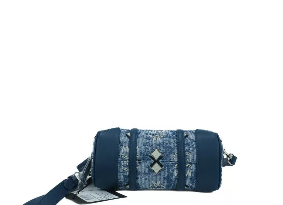 MCM Boston Mini Blue Vintage Jacquard Logo Fabric Satchel Crossbody Handbag MCM Boston Mini Blue Vintage Jacquard Logo Fabric Satchel Crossbody Handbag | Image 3