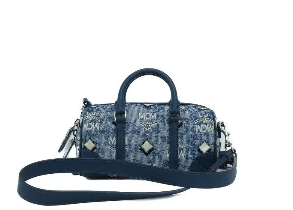 MCM Boston Mini Blue Vintage Jacquard Logo Fabric Satchel Crossbody Handbag MCM Boston Mini Blue Vintage Jacquard Logo Fabric Satchel Crossbody Handbag | Image 1