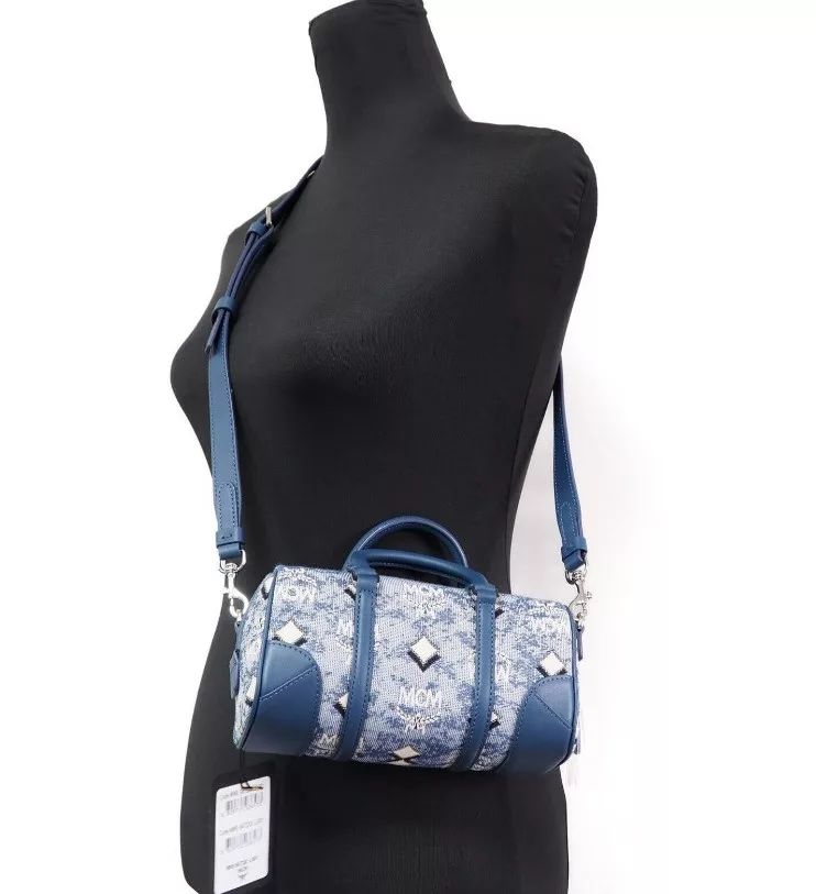 MCM Boston Mini Blue Vintage Jacquard Logo Fabric Satchel Crossbody Handbag MCM Boston Mini Blue Vintage Jacquard Logo Fabric Satchel Crossbody Handbag | Image 2
