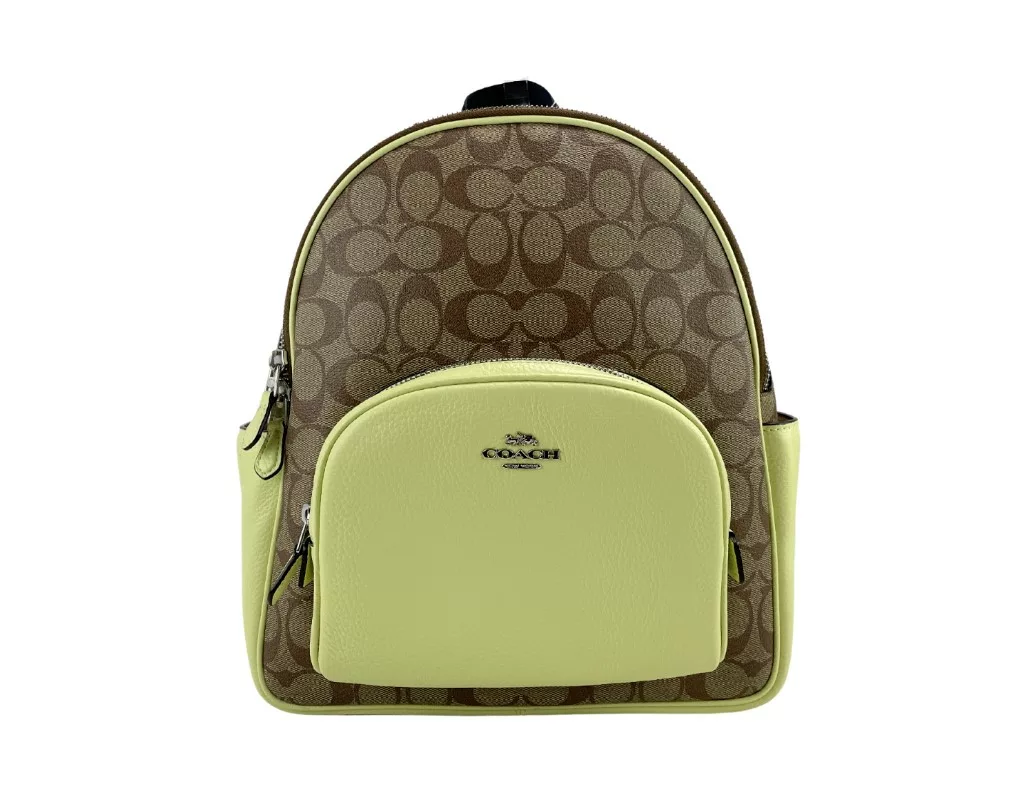 COACH (5671) Court Signature Leather Khaki/Pale Lime Medium Backpack Bookbag Bag COACH (5671) Court Signature Leather Khaki/Pale Lime Medium Backpack Bookbag Bag | Image 1