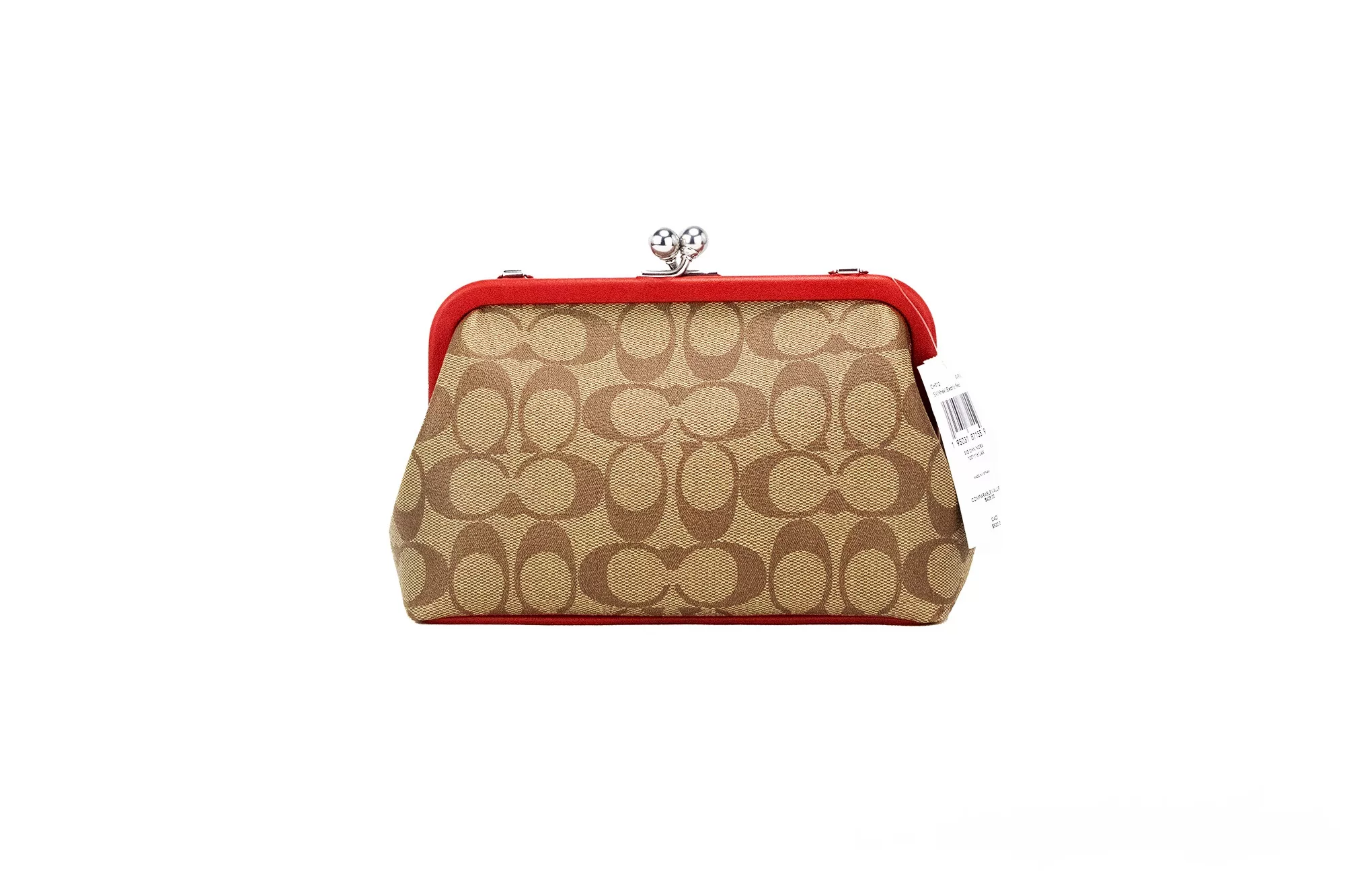COACH Nora Small Khaki Red Signature PVC Kisslock Chain Crossbody Bag COACH Nora Small Khaki Red Signature PVC Kisslock Chain Crossbody Bag | Image 3