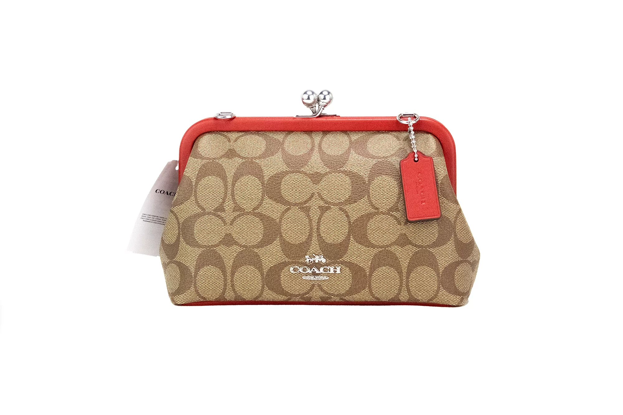 COACH Nora Small Khaki Red Signature PVC Kisslock Chain Crossbody Bag COACH Nora Small Khaki Red Signature PVC Kisslock Chain Crossbody Bag | Image 1