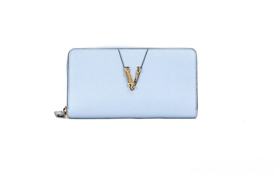 Versace Large Cornflower Grainy Leather Gold Monogram Zip Around Clutch Wallet Versace Large Cornflower Grainy Leather Gold Monogram Zip Around Clutch Wallet | Image 1