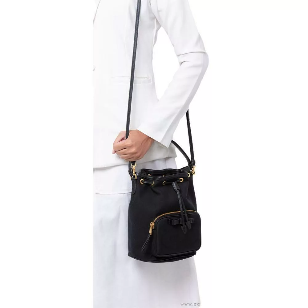 Prada Black Canvas Jacquard Logo Bow Convertible Medium Bucket Bag Prada Black Canvas Jacquard Logo Bow Convertible Medium Bucket Bag | Image 15