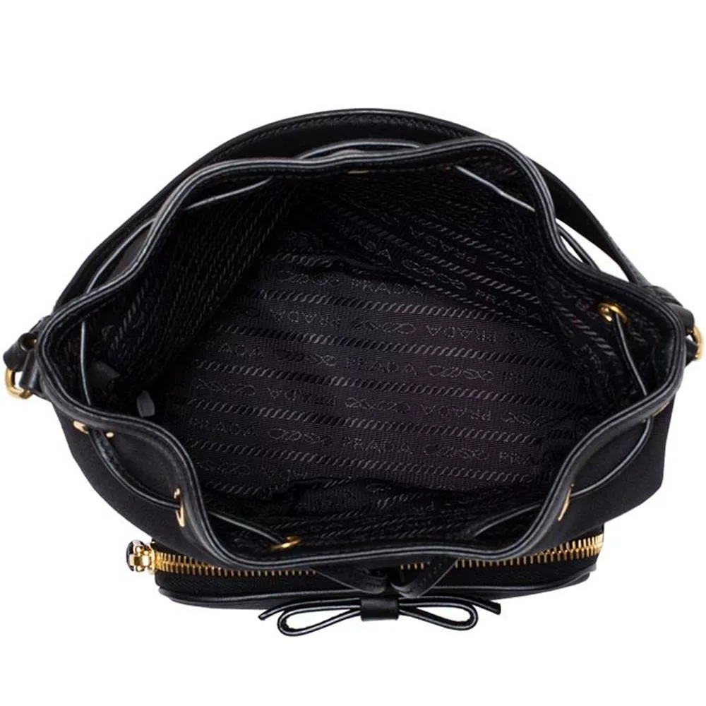 Prada Black Canvas Jacquard Logo Bow Convertible Medium Bucket Bag Prada Black Canvas Jacquard Logo Bow Convertible Medium Bucket Bag | Image 13