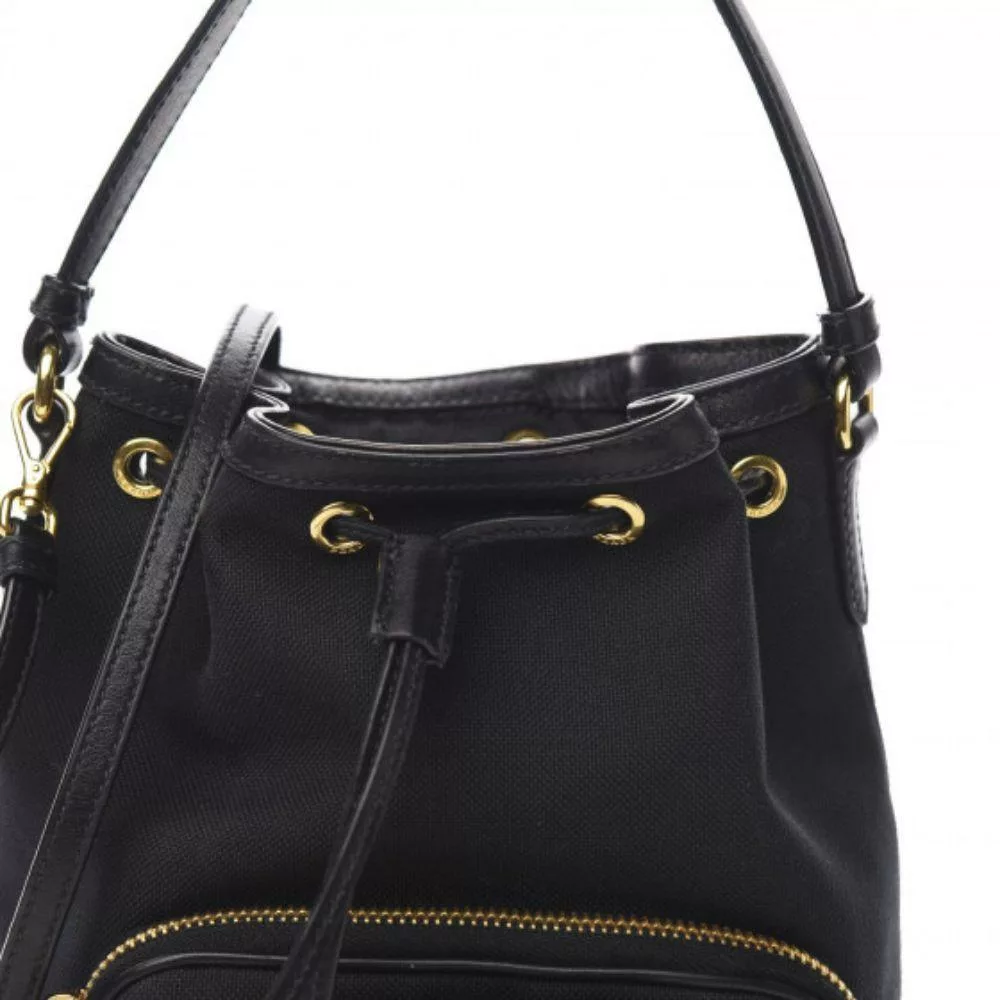 Prada Black Canvas Jacquard Logo Bow Convertible Medium Bucket Bag Prada Black Canvas Jacquard Logo Bow Convertible Medium Bucket Bag | Image 12