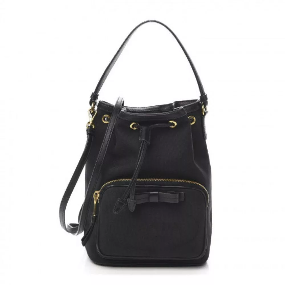 Prada Black Canvas Jacquard Logo Bow Convertible Medium Bucket Bag Prada Black Canvas Jacquard Logo Bow Convertible Medium Bucket Bag | Image 4