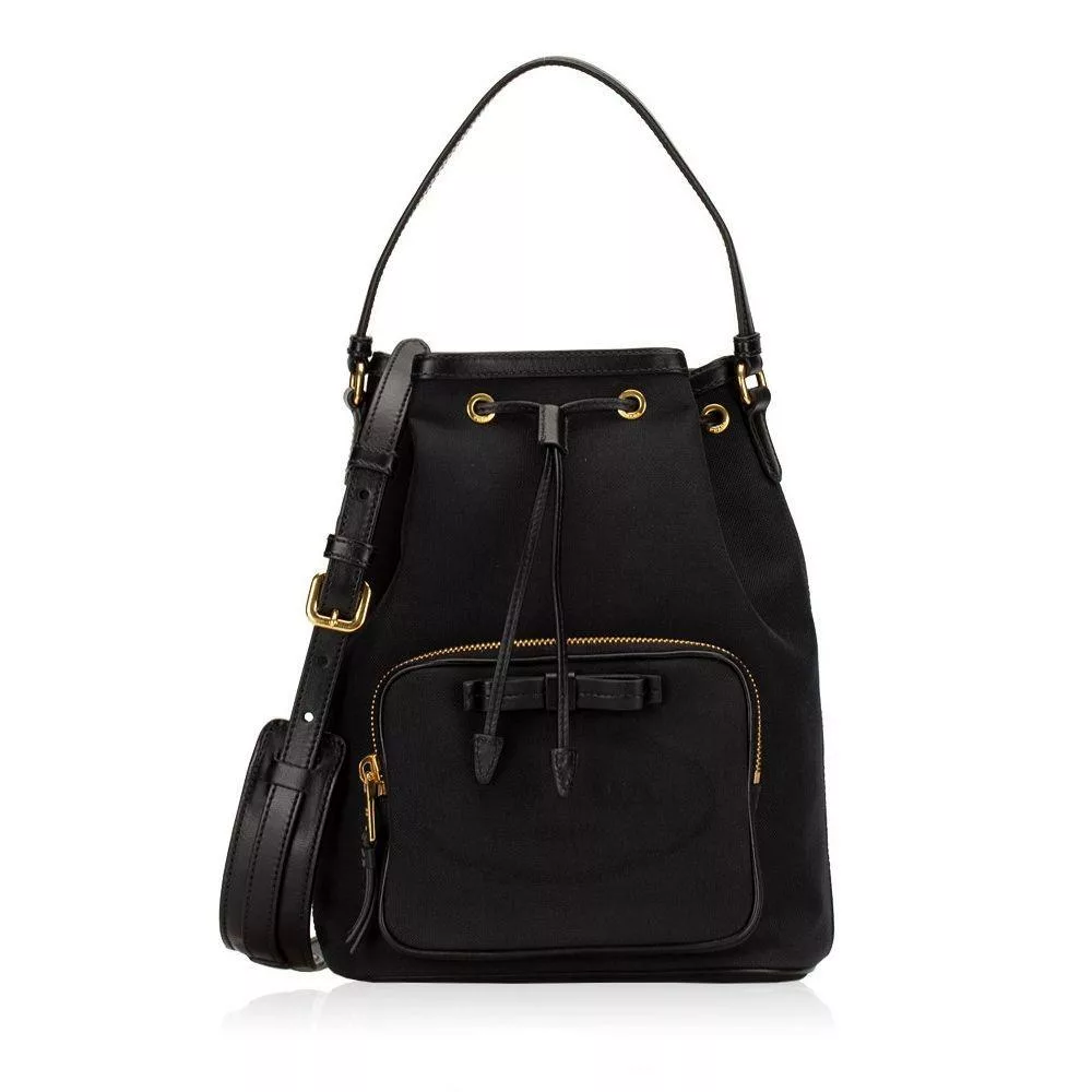Prada Black Canvas Jacquard Logo Bow Convertible Medium Bucket Bag Prada Black Canvas Jacquard Logo Bow Convertible Medium Bucket Bag | Image 1