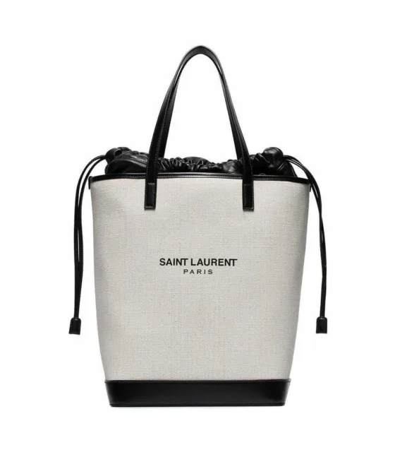 Saint Laurent Teddy White Coated Linen Drawstring Bucket Bag | Image 1